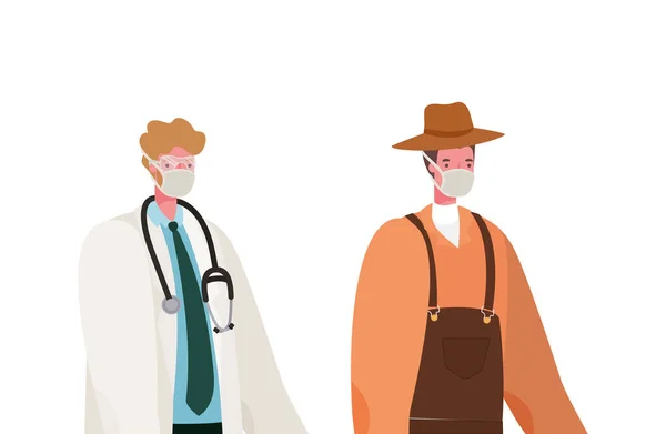 Isolated male doctor and gardener with masks vector design — Stock Vector