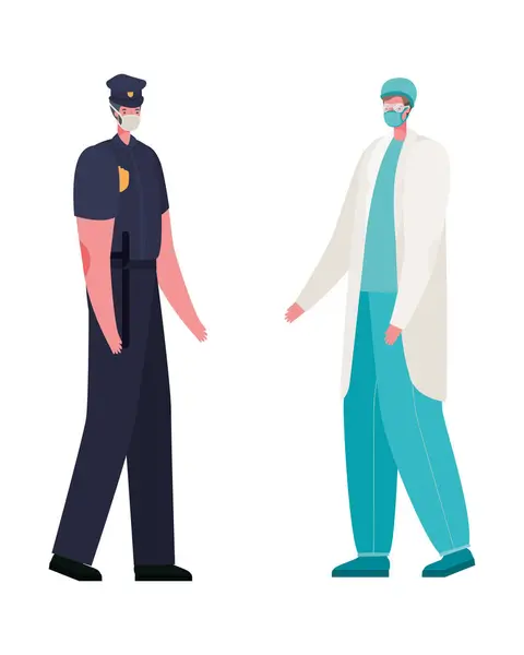 Isolerad manlig läkare och polis man med masker vektor design — Stock vektor
