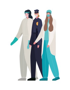 Koruma giysisi ve maske tasarımı olan kadın ve doktorlar.