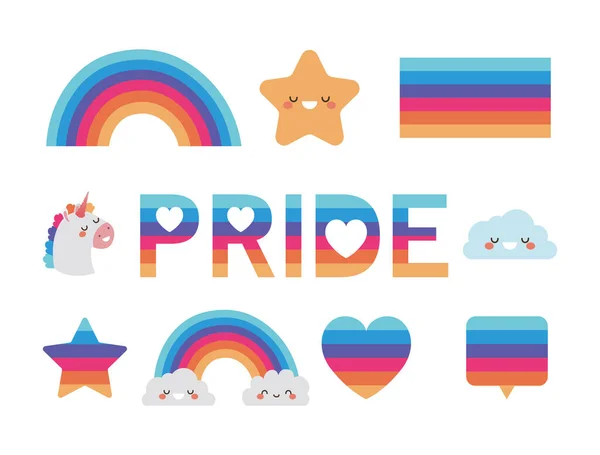 Lgtbi burbuja corazón bandera estrella arco iris nube y unicornio vector diseño — Archivo Imágenes Vectoriales