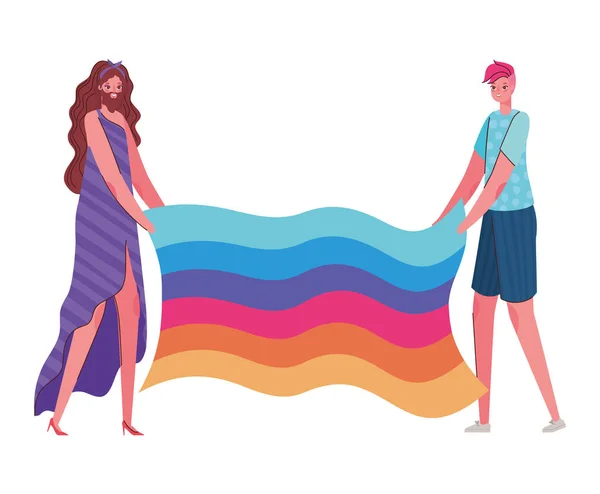 Mulher e homem desenhos animados com traje e design de vetor bandeira lgtbi — Vetor de Stock