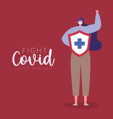 Çapraz vektör tasarımlı maskeli ve kalkanlı kadın