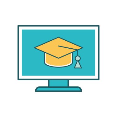 Mezuniyet başlığı satırına sahip bilgisayar ve biçim ikonu vektör tasarımını doldur