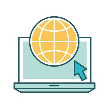 Dizüstü bilgisayarı üzerinde imleç olan küresel küre ve biçim ikon vektör tasarımı