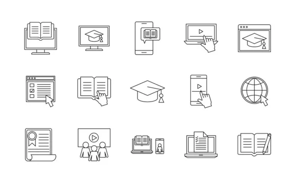 Onderwijs online silhouet stijl pictogram set vector ontwerp — Stockvector