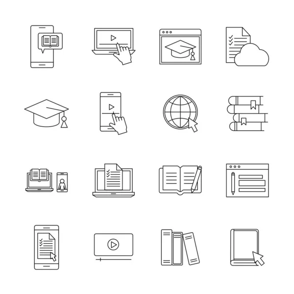 Educación silueta en línea icono de estilo conjunto de vectores de diseño — Vector de stock