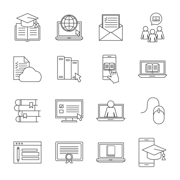 Onderwijs online silhouet stijl pictogram set vector ontwerp — Stockvector