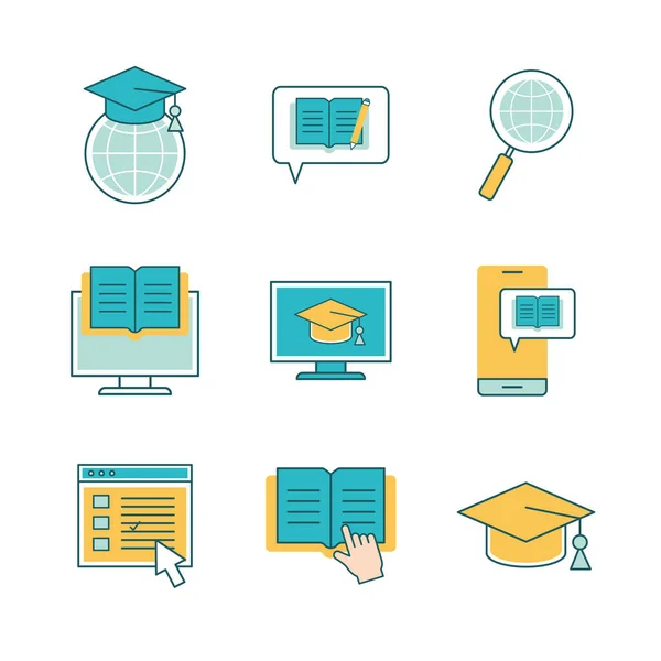 Onderwijs online lijn en vul stijl pictogram set vector ontwerp — Stockvector