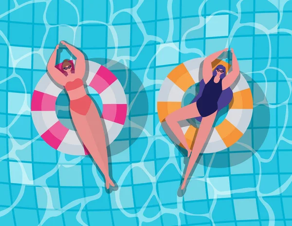 Niñas dibujos animados en flotadores en la piscina vista superior vector de diseño — Archivo Imágenes Vectoriales