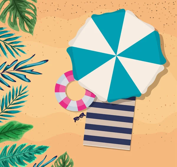 Strand met parasol vlotter en handdoek bovenaanzicht vector ontwerp — Stockvector