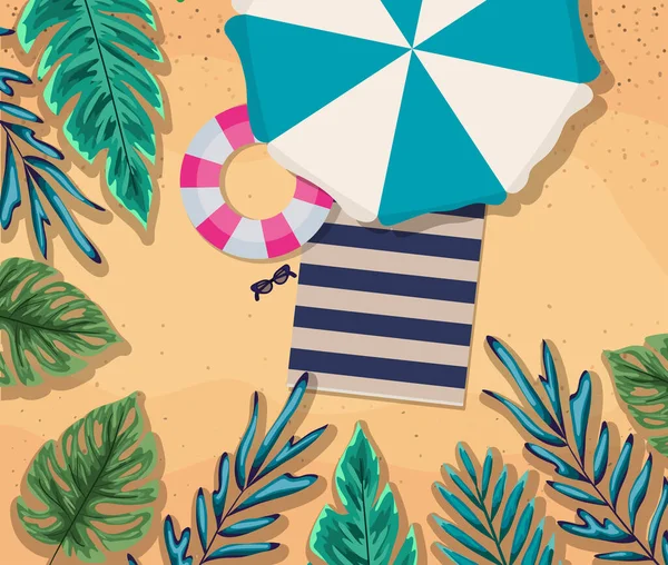 Παραλία με ομπρέλα float και πετσέτα top view vector design — Διανυσματικό Αρχείο