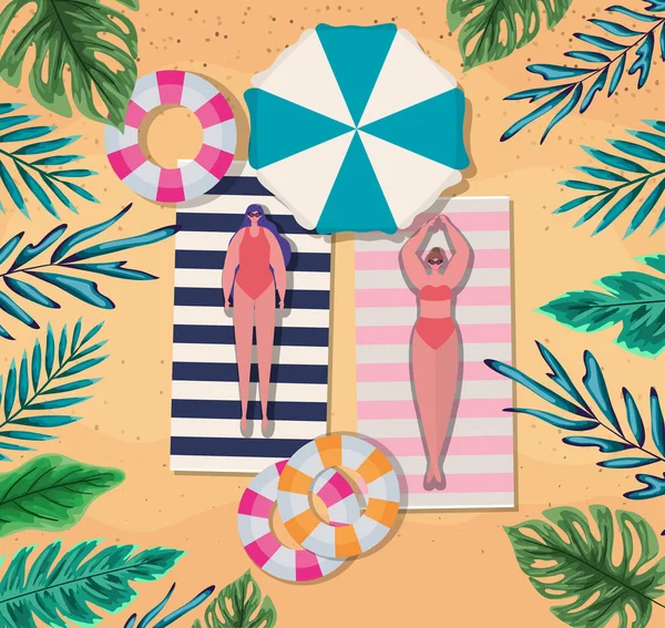Niñas dibujos animados en toallas con flotadores en la playa vista superior vector de diseño — Archivo Imágenes Vectoriales