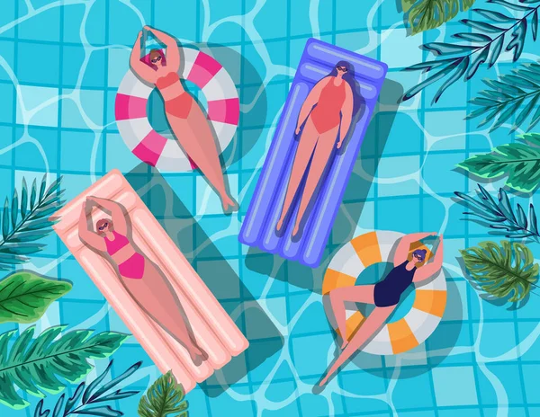 Κορίτσια κινούμενα σχέδια σε πλωτήρες στην πισίνα με φύλλα top view διάνυσμα σχεδιασμό — Διανυσματικό Αρχείο