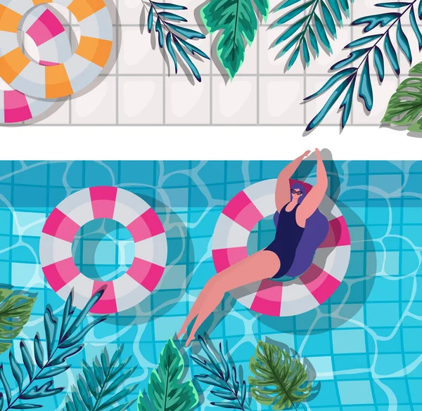 Chica de dibujos animados en flotador en la piscina con hojas vista superior vector de diseño — Archivo Imágenes Vectoriales