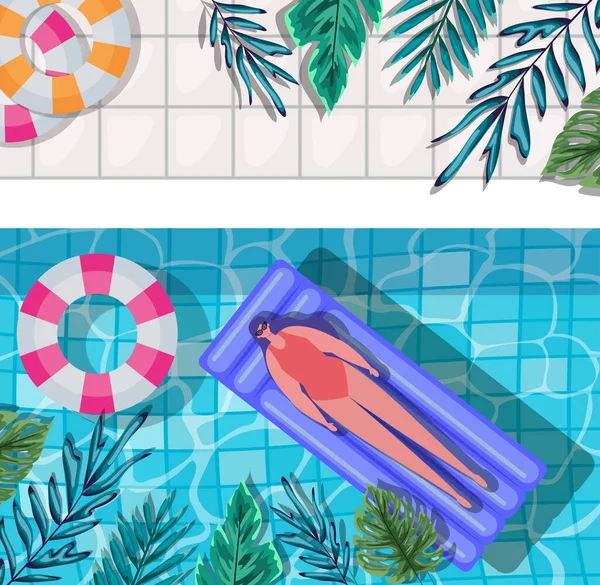 Девушка мультфильм на платформе у бассейна с листьями верхнего вида векторного дизайна — стоковый вектор