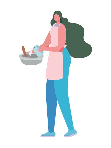 Vrouw cartoon koken met kom en schort vector ontwerp — Stockvector