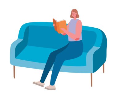 Kanepe vektör tasarımı üzerine çizgi roman okuyan kadın.