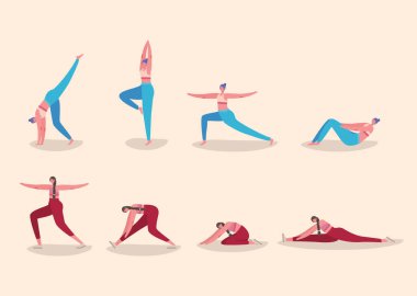 Spor kıyafetleri olan kadın çizgi filmler yoga vektör tasarımı yapıyor.