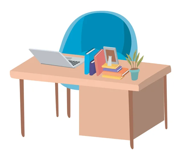 Bureau avec ordinateur portable et chaise bleue design vectoriel — Image vectorielle