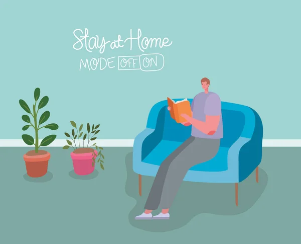 Férfi rajzfilm olvasás könyv kanapén otthon vektor tervezés — Stock Vector