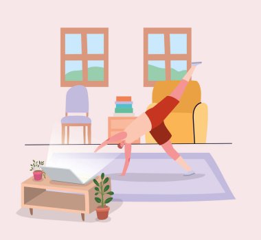 İnsan karikatürü ev vektör tasarımında egzersiz yapıyor