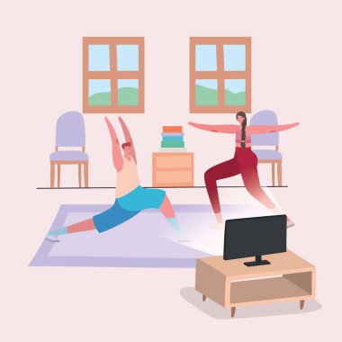 Kadın ve erkek çizgi filmleri ev vektör tasarımında egzersiz yapıyorlar.