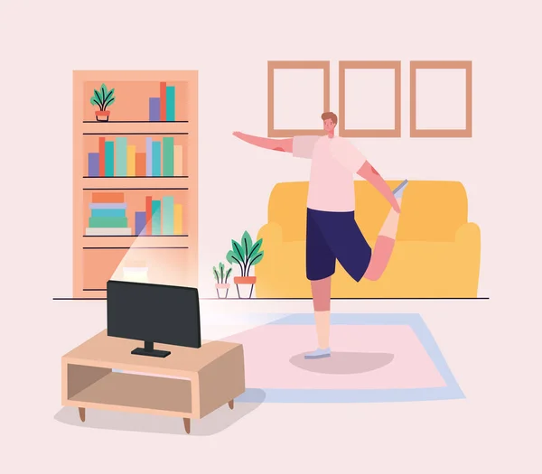 Homme dessin animé faire de l'exercice à la maison conception vectorielle — Image vectorielle