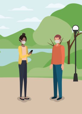 Park vektör tasarımında maskeli kız ve erkek arasındaki sosyal mesafe
