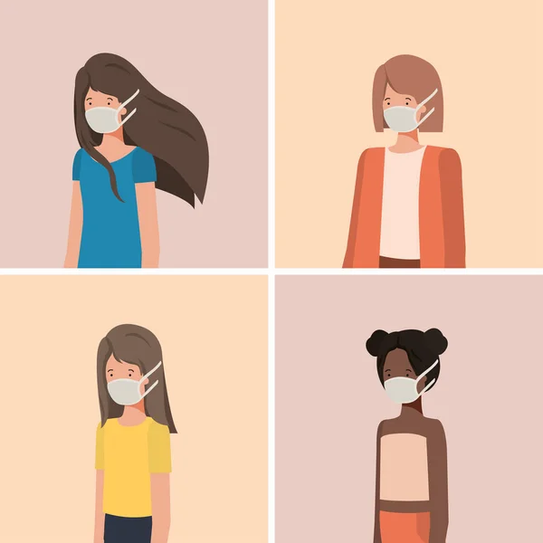 Distanciamento social entre meninas com máscaras design vetorial — Vetor de Stock