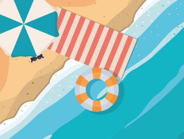 Havlu şemsiyeli plaj ve üst görünüm vektör tasarımı