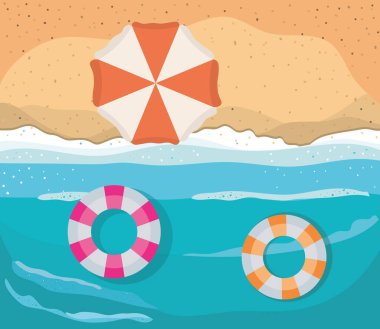 Şemsiyeli plaj ve üst görünüm vektör tasarımı