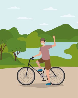 Park vektör tasarımında bisiklet süren tıbbi maskeli çocuk