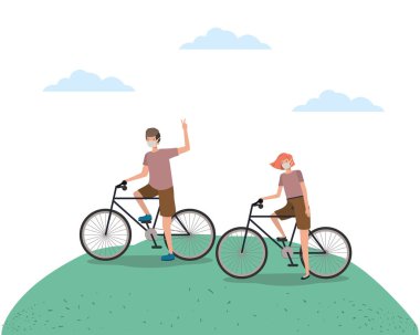 Park vektör tasarımında tıbbi maskeli kız ve oğlan