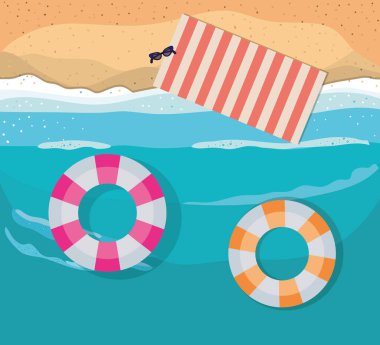 Plaj havlusuyla ve en üst görünüm vektör tasarımı yüzer