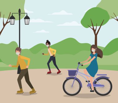 Park vektör tasarımında bisiklet ve paten kullanan insanlar