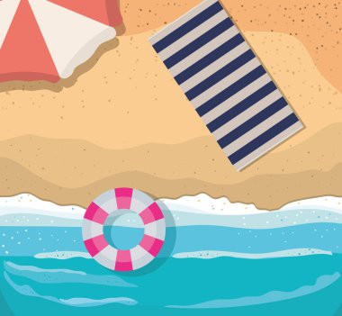 Havlu şemsiyeli plaj ve üst görünüm vektör tasarımı