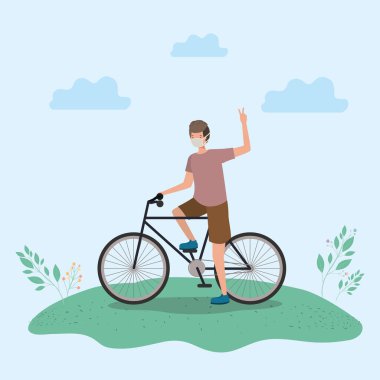 Park vektör tasarımında bisiklet süren tıbbi maskeli çocuk