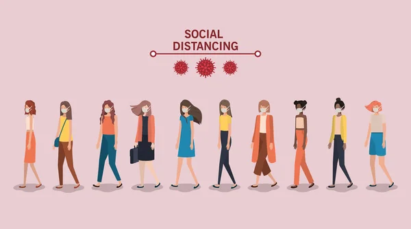 Distance sociale entre les filles avec un design vectoriel masques — Image vectorielle