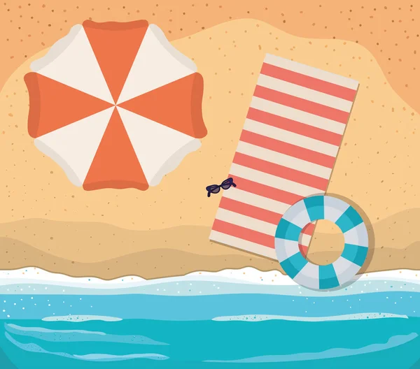 Strand met handdoek paraplu en vlotter bovenaanzicht vector ontwerp — Stockvector