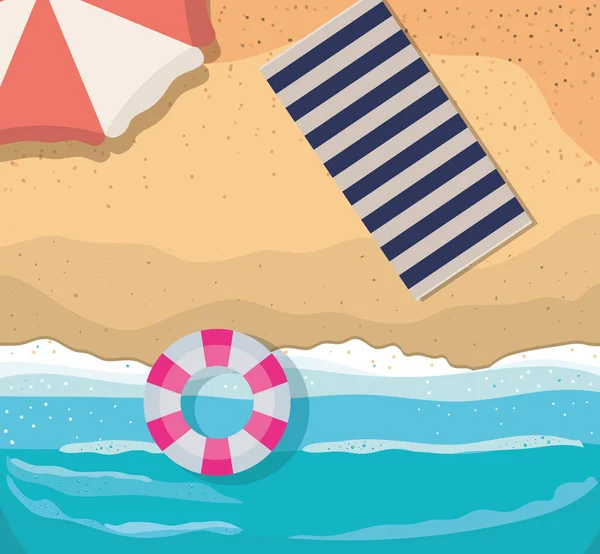 Παραλία με ομπρέλα πετσέτα και float top άποψη διάνυσμα σχεδιασμό — Διανυσματικό Αρχείο