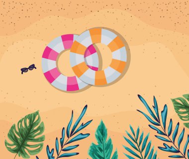 Yaprakları olan plaj ve en üst görünüm vektör tasarımı