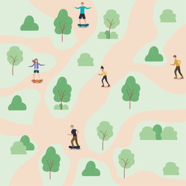 Tıbbi maskeli ve kaykaylı insanlar parkta çalı ve ağaç vektör tasarımlı.