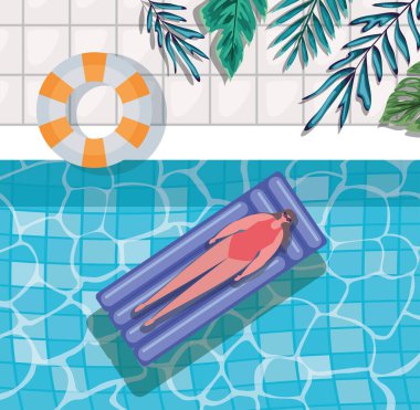 Bilardoda yüzen kız çizgi filmi ve yapraklar üst görünüm vektör tasarımı