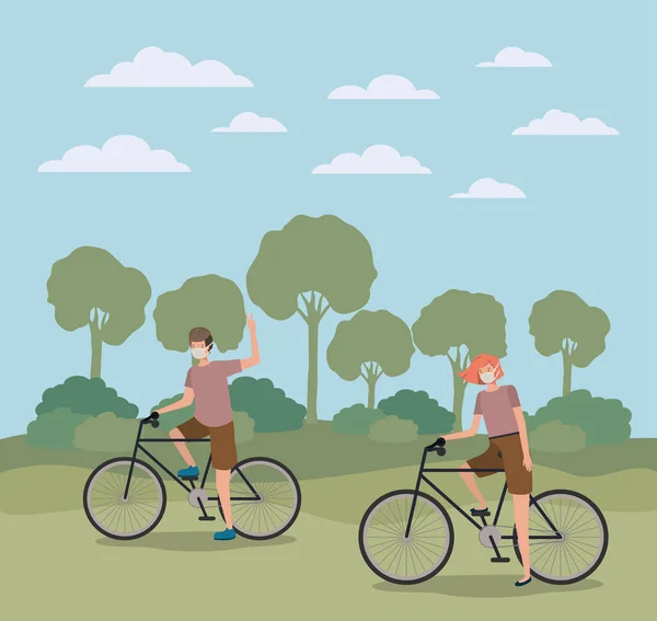 Girl and boy with medical mask on cycle at park vector design — Stock Vector