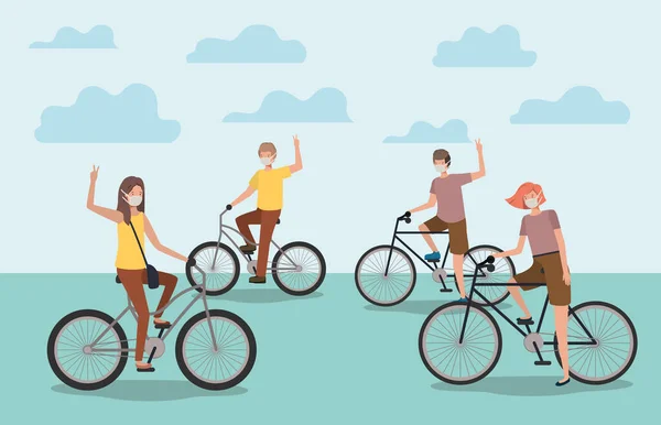 People with masks on cycles with clouds vector design — Stock Vector