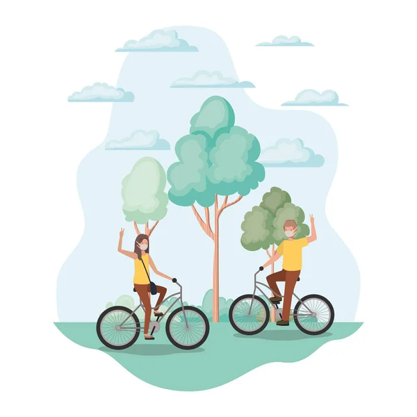 Girl and boy with medical mask on cycle at park vector design — Stock Vector