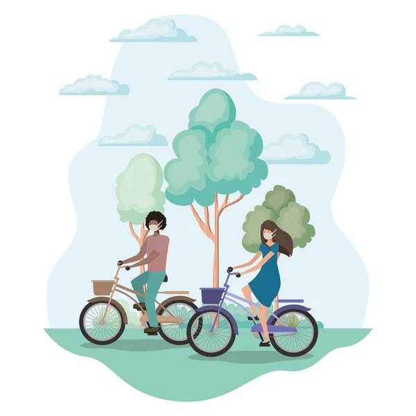 Girl and boy with medical mask on cycle at park vector design — Stock Vector