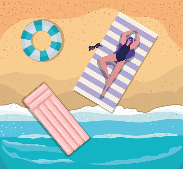 Chica de dibujos animados en la toalla con flotadores en la playa vista superior vector de diseño — Archivo Imágenes Vectoriales