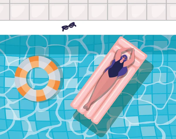游泳池顶部视图矢量设计中的浮游女孩卡通画 — 图库矢量图片
