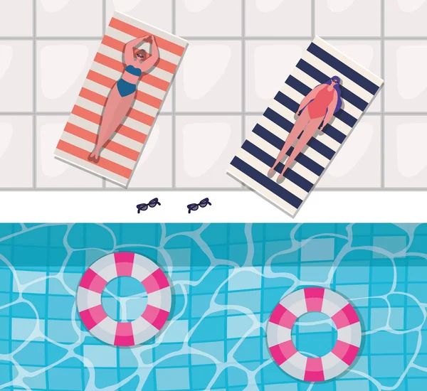 Niñas dibujos animados en flotadores en la piscina vista superior vector de diseño — Vector de stock